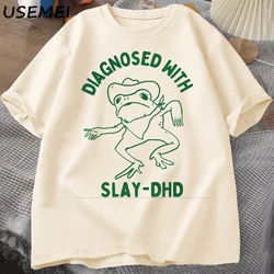 Diagnosed with Slay-dhd Women Men Cotton T-shirts Funny Travel Clothing Summer Frog Graphic Tshirt Unisex Short Sleeve Tees