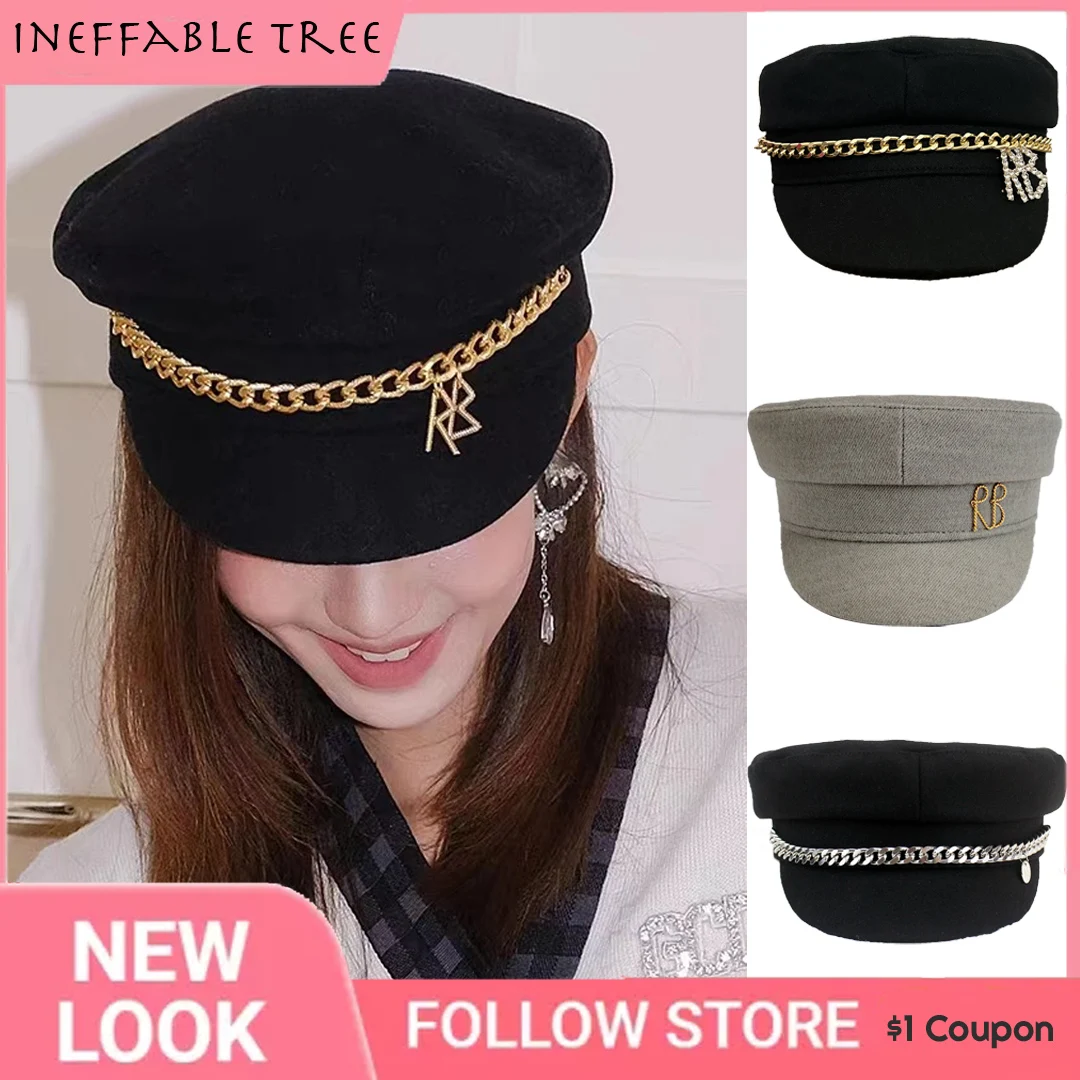 S/L Newsboy Caps Silver Gold Rings Pearl Letter Military Caps for Women Men Flat Visor Caps Baker Boy Beret Hat with Chain Gorra