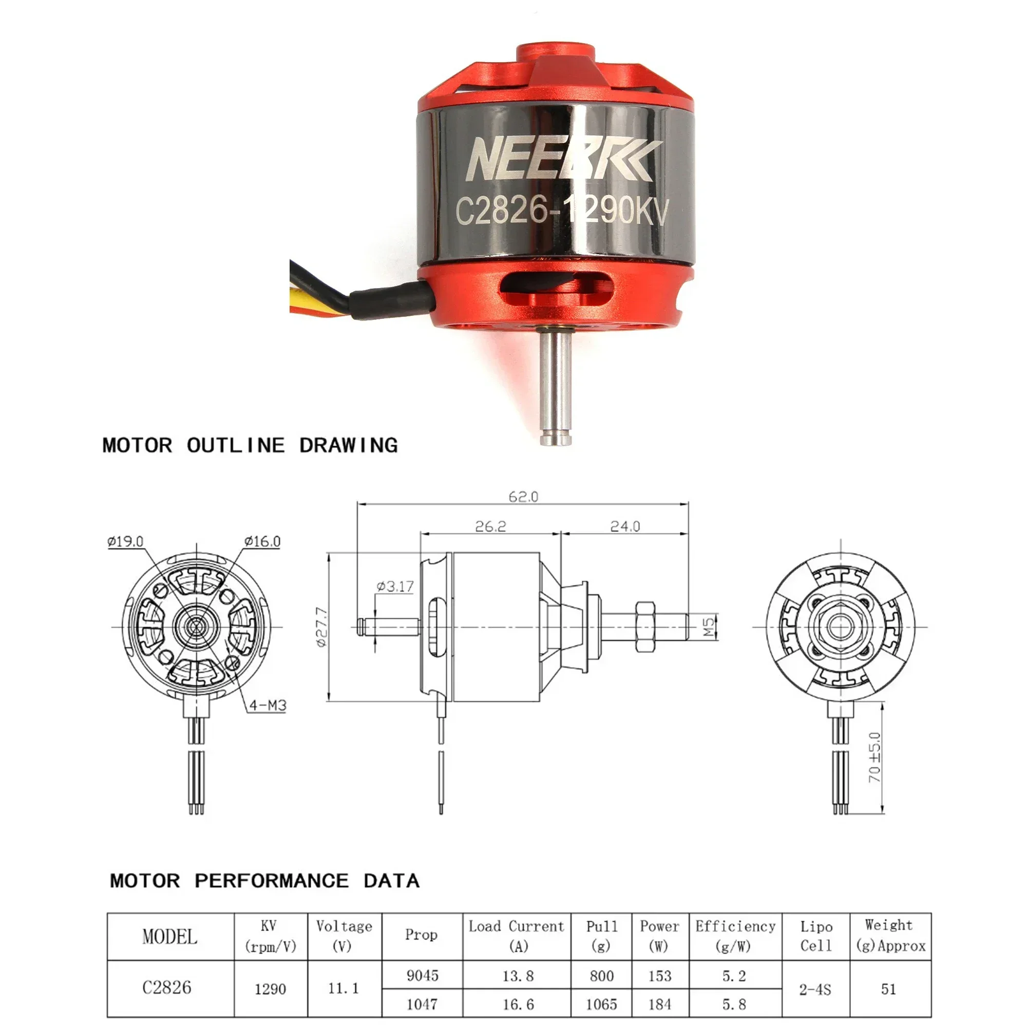 NEEBRC 2826 1290KV Outrunner Brushless Motor with 2-3S 20A ESC 3.5mm Plug for RC Fixed-wing FPV Drone Aircraft Plane Quadcopter