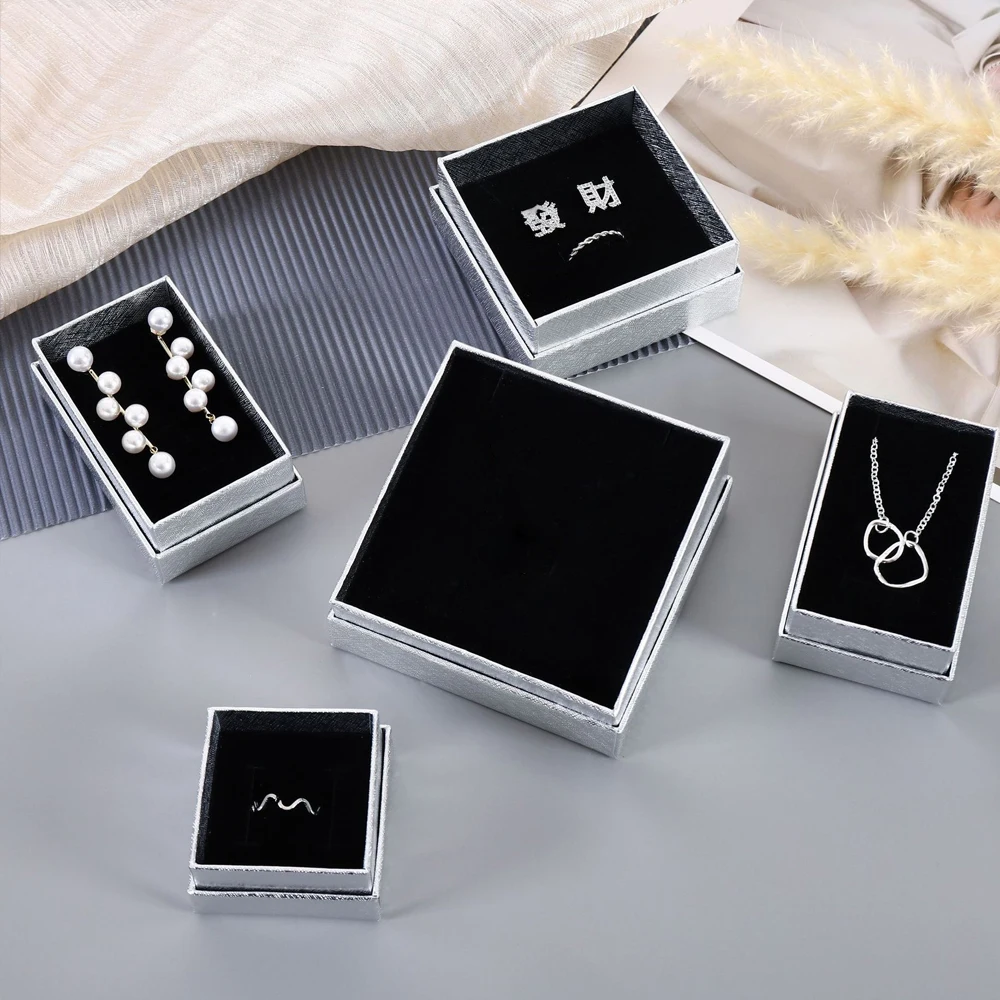 24pcs Silver Jewelry Cardboard Box with Black Sponge Jewelry Accessories Display Tool Ring Earring Packaging Case Gift Container
