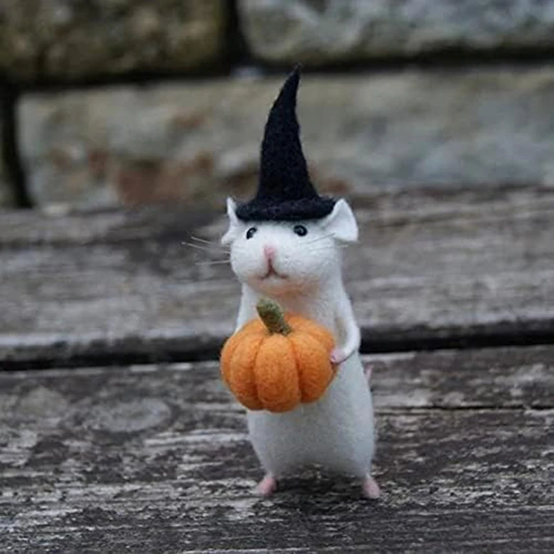 AS60-3X Halloween Mouse With A Pumpkin Felted Animals, Needle Felted Christmas Mouse, Wool Felt Handmade Halloween D