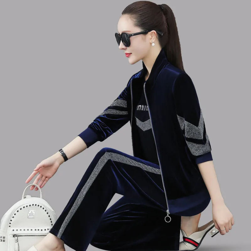 3PCS Spring Women Sportswear Tracksuit Loose Velvet Jacket+sweatshirt+pant Running Jogger Fitness Workout Casual Set Sport Suit