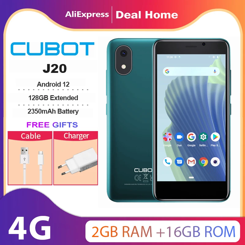 Cubot J20 4-дюймовый смартфон с ОЗУ 16 ГБ, ПЗУ 128 ГБ, 2-мя слотами для SIM-карт, Android 12, 2350 мАч