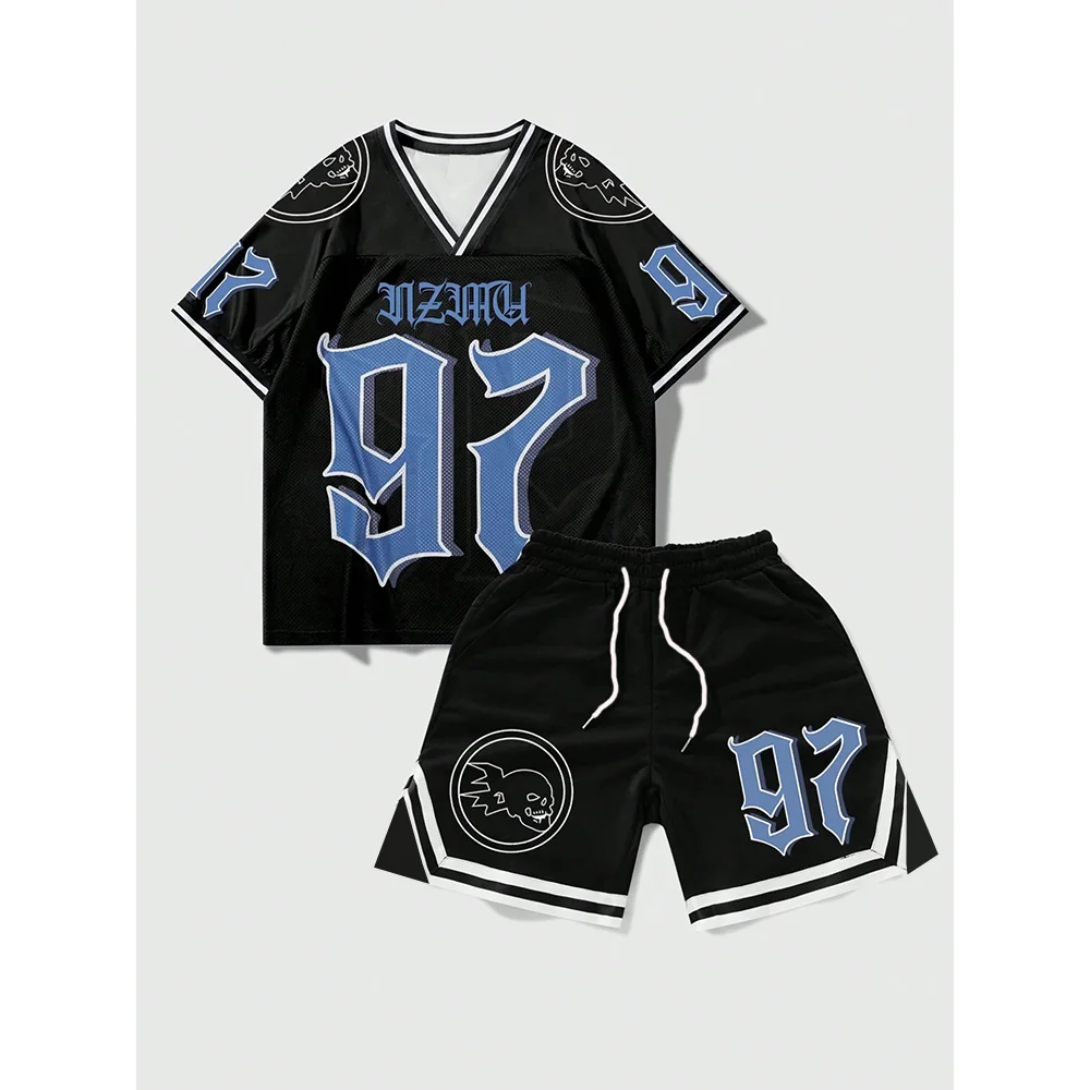 

Classic Retro Pop 2-Piece 97 Digital Printed V-Neck Short-Sleeved Football Jersey And Drawstring Shorts Quick Dry Breathable Sui