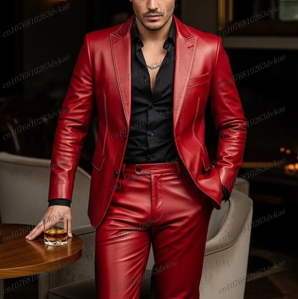 

New Red Leather Men Suit Wedding Party Formal Groom Groomsman Prom Business Male Tuxedos 2 Piece Set Jacket Pants
