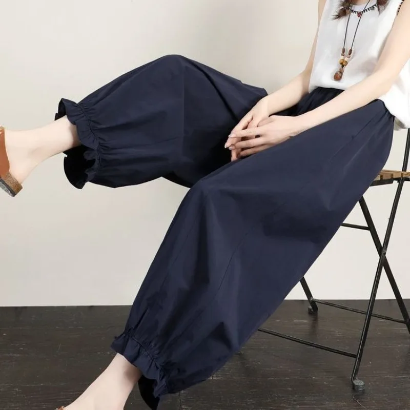 Women's Summer Thin Bouffant Lantern Pants Loose Slimming Trendy Breathable Cuffed Casual Pants Asymmetrical Pure Color Q246