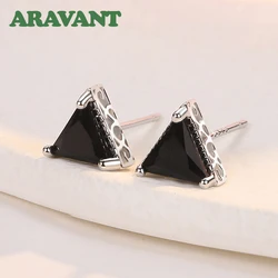 925 Silver Black Triangle Zircon Stud Earring For Women Fashion Jewelry