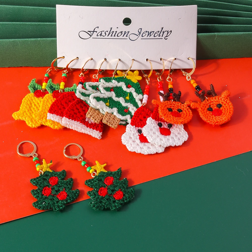 Cute Handmade Knitted Christmas Drop Earrings Deer Elk Snowman Earrings for Women Girl New Year Party Holiday Jewelry Gifts