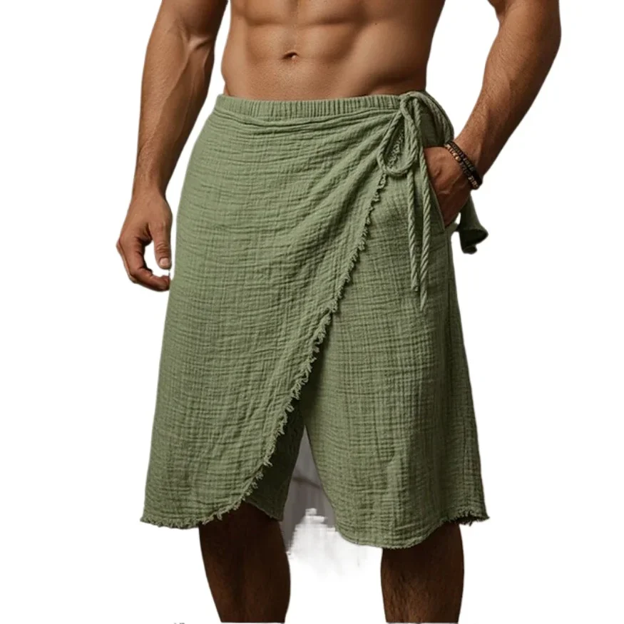 Boho Herren Baumwoll-Leinen-Shorts, Strandshorts, lässig, atmungsaktiv, einfarbig, mit Kordelzug, Sommer, Vintage, unregelmäßige, lockere Shorts – Detail 6