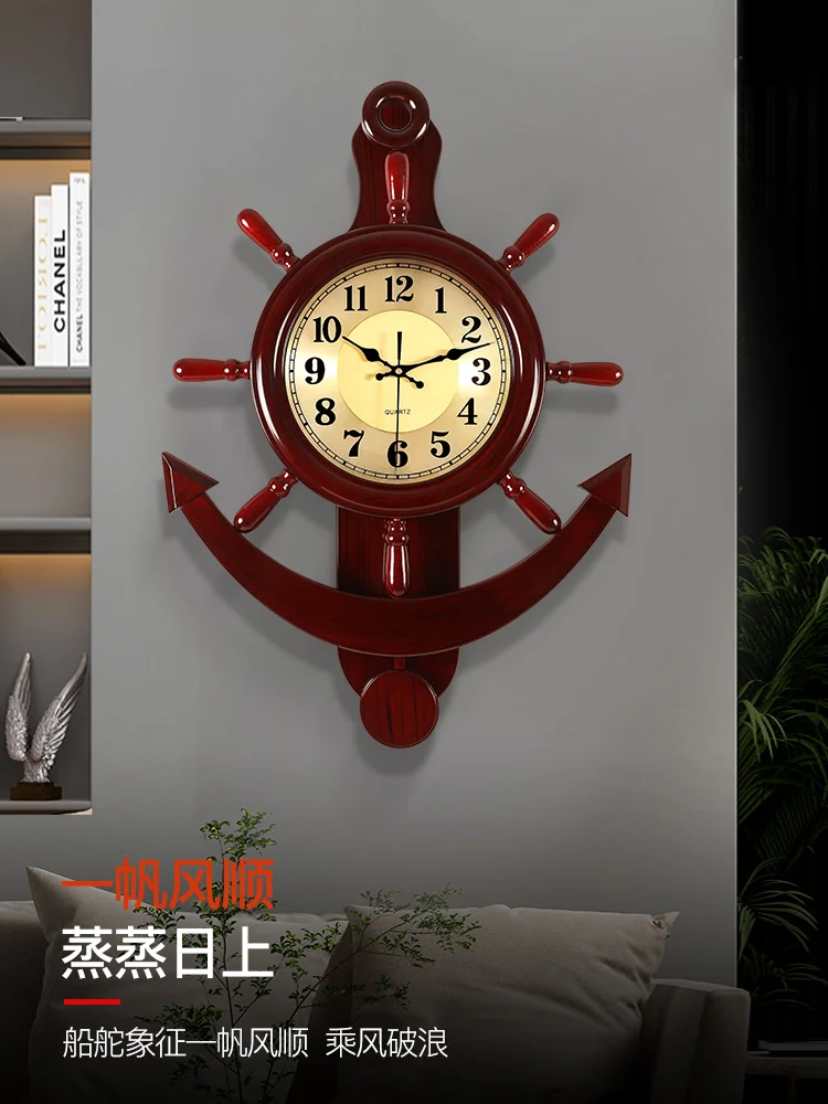 

Ship rudder clock, living room, family Mediterranean clock, fashionable and creative Chinese style clock, solid wood wall hangin