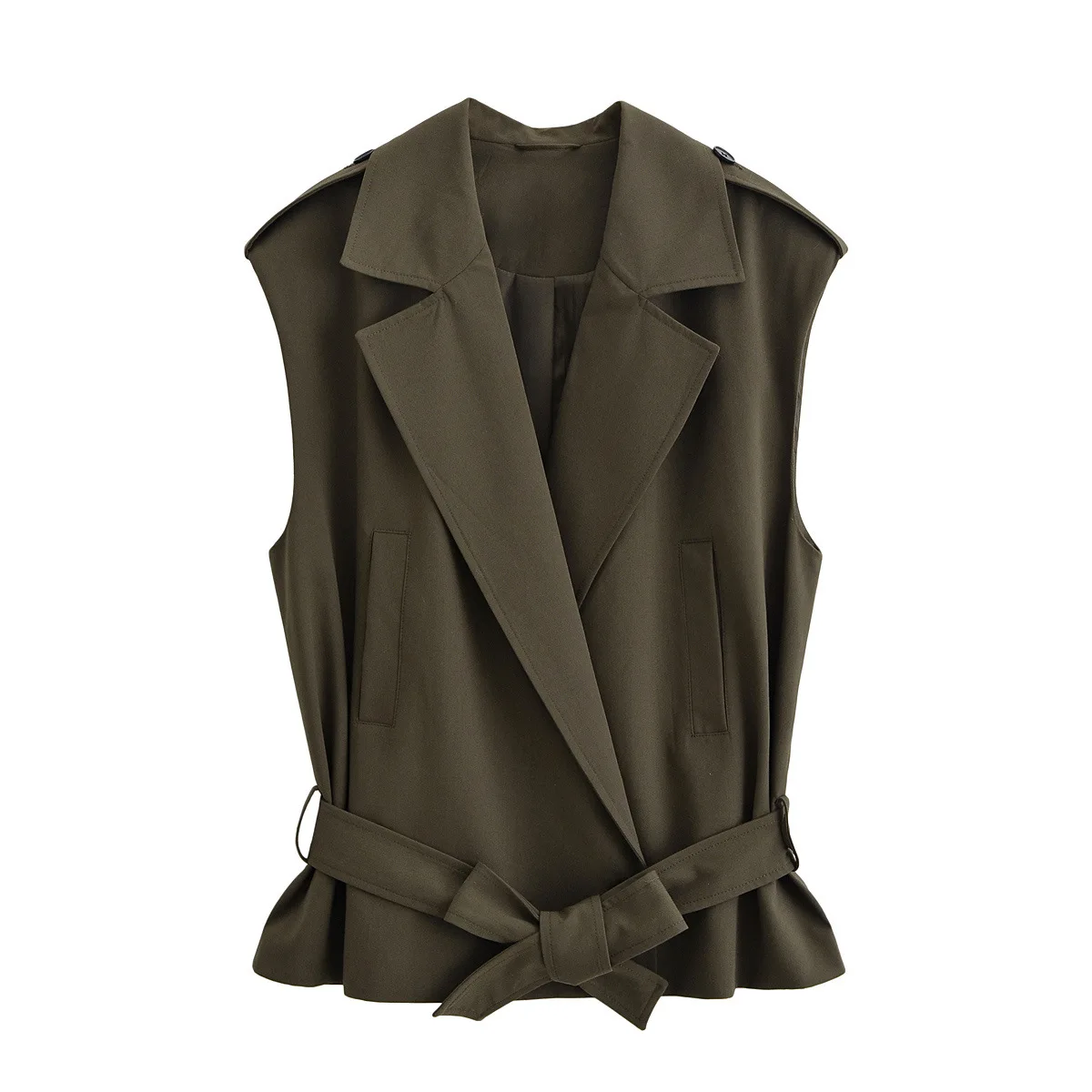 

Осень 202, уличная мода, армейский зеленый, черный женский жилет, куртка, костюм с воротником, пояс без рукавов, жилет, верхняя одежда