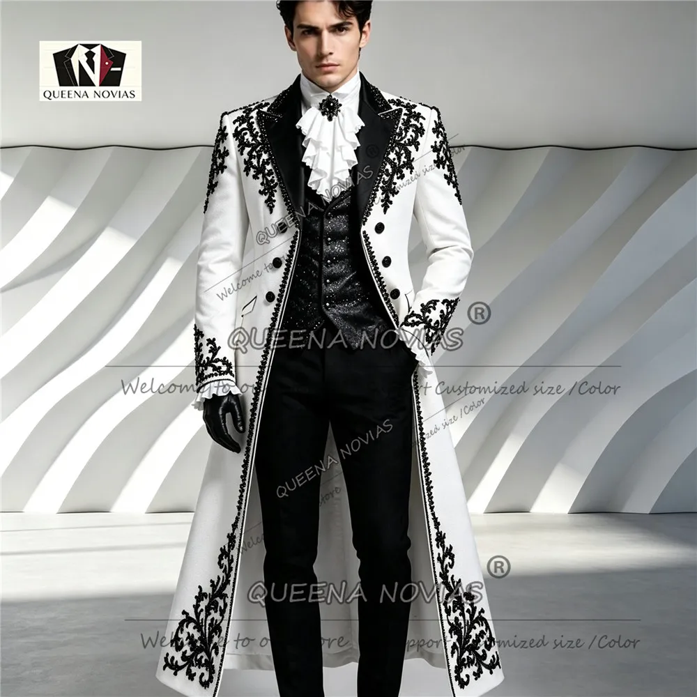 Brilliant Men's Suit 3 Piece Sets Black Beaded Sequin Jacket Vest Pants Customized Long Prom Blazer Groom Wedding Tuxedo Luxury