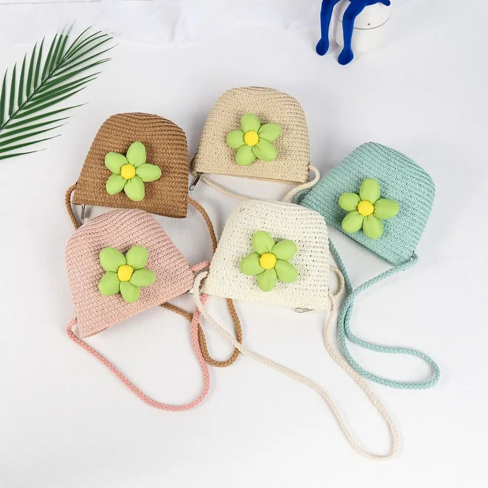 Sac en paille tissé à la main pour enfants, créatif, rond, en forme de coquille, sac à bandoulière fleur, sac de plage d'été pour enfants, filles