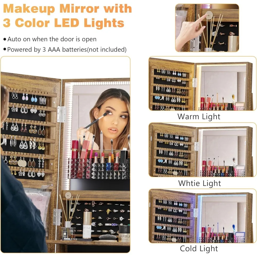 360° Rotating Jewelry Armoire, Full Length Mirror Large Capacity 3 Color Dimmable Jewelry Organizer Armoire, Lockable Standing