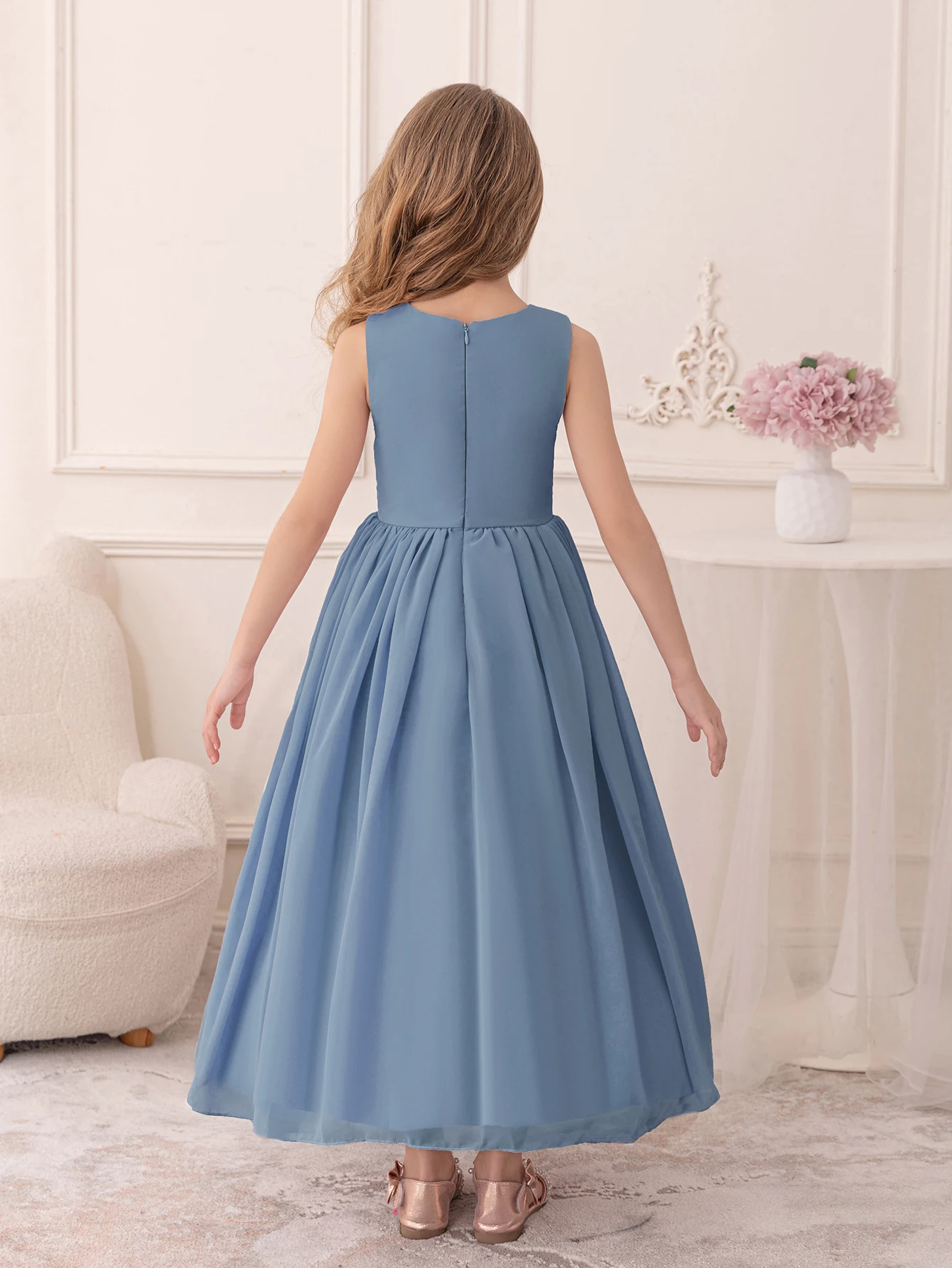 Teenage Gray Blue Chiffon Evening Gown Suitable for Children's Wedding Ceremonies Girl Princess Dress