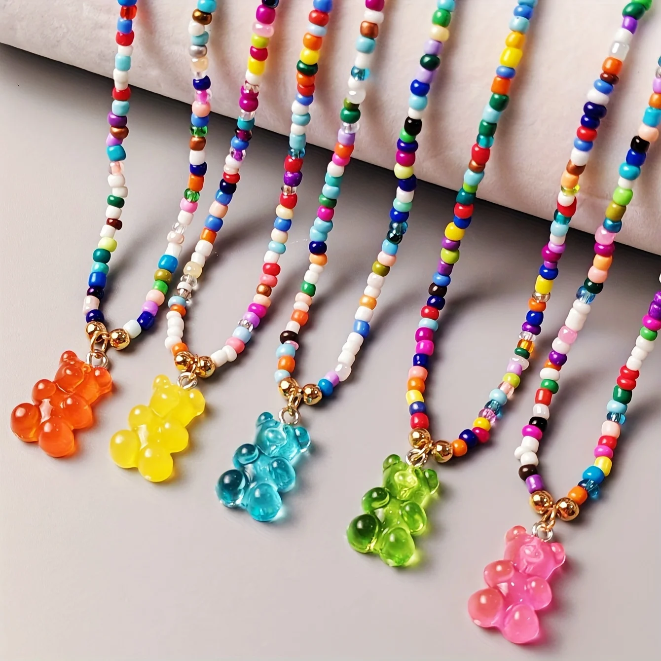 5-Pack Y2K Cute and Sweet Colorful Beaded Jelly Bear Necklaces for Girls - Perfect for Everyday Wear, Music Festivals, and as a