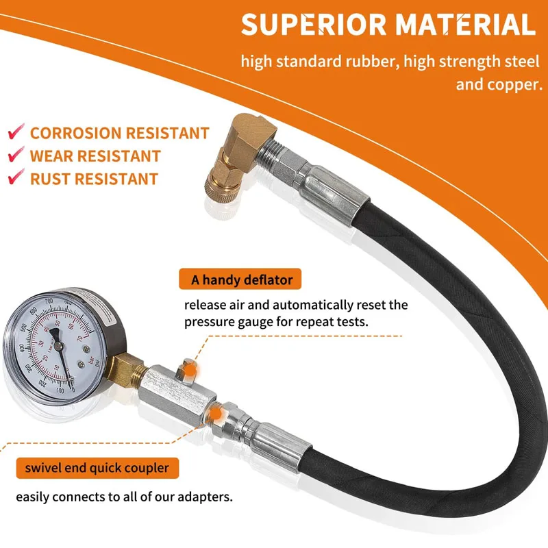 TU-15 Diesel Compression Tester Guage Cylinder Pressure Test Tool Gauge Deflator Fits For Most Diesel Cars and Trucks