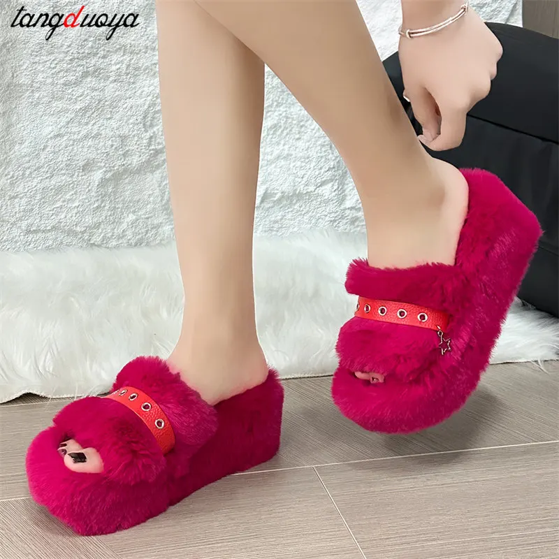 Trendy new dragon fruit colored plush slippers Women Winter Chunky Platform Fur Slippers Girls Cute star Furry indoor Slippers