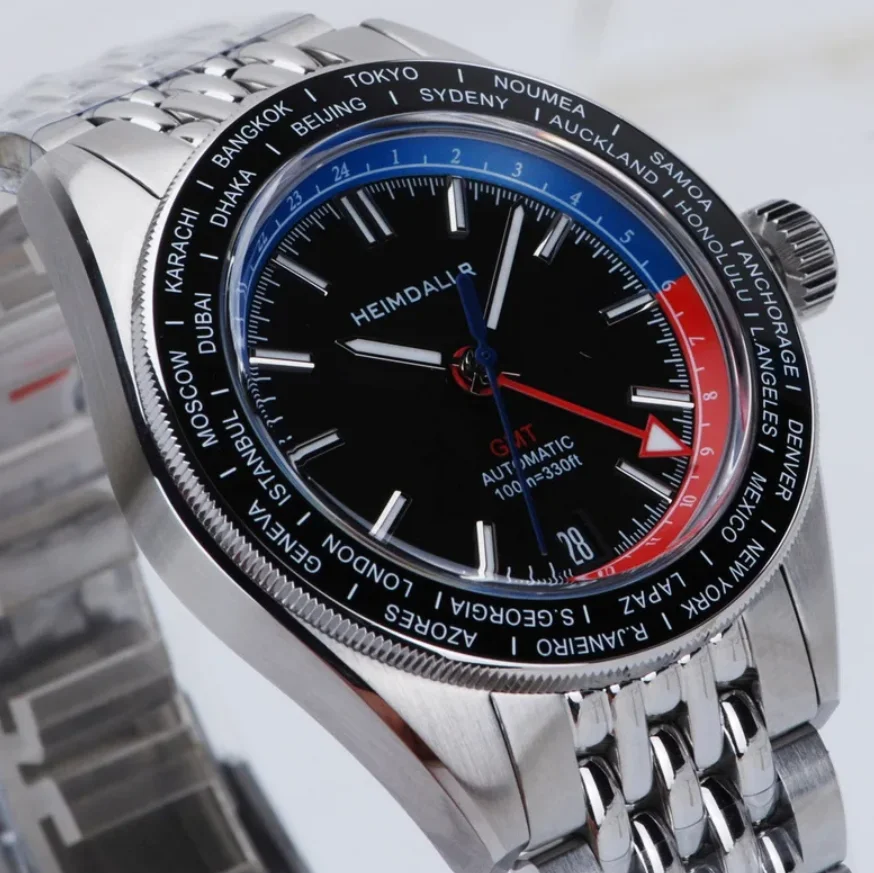HEIMDALLR Men Automatic Watch 43mm GMT Mechanical Wristwatch 10ATM Waterproof BGW-9 Luminous World Time Bezel NH34