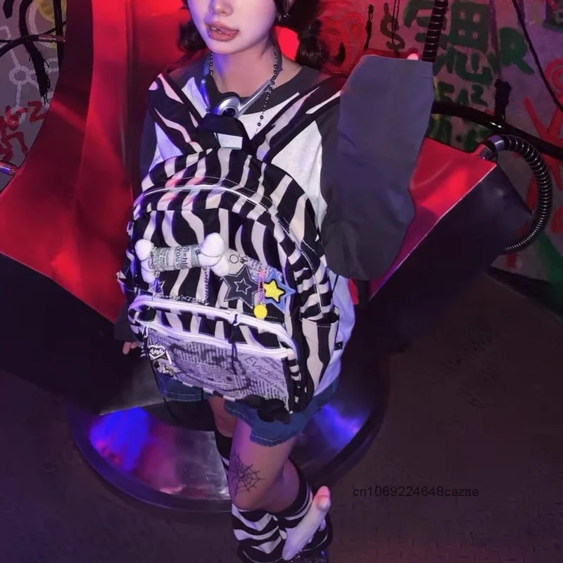 Sanrio Hello Kitty Millennium Spicy Y2k Girl Backpack Vintage Patch Zebra Shoulders Bag Korean Style New Fashion Student Bookbag