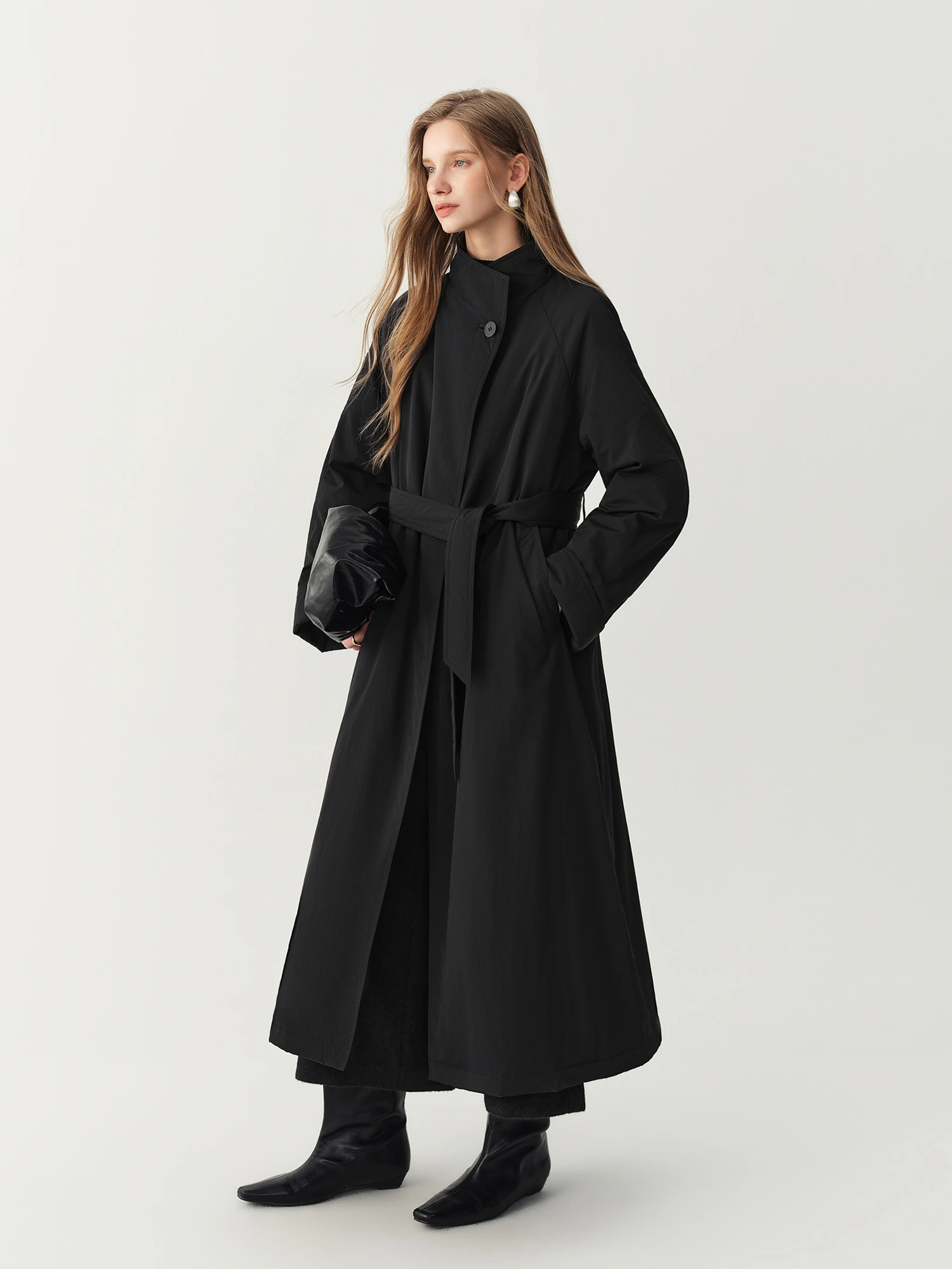 FSLE 2026 Winter Women's Commute Stand Collar Direct Down Fill Trench Inspired Down Mid Long Puffer Coat Warm Quilted Outerwear