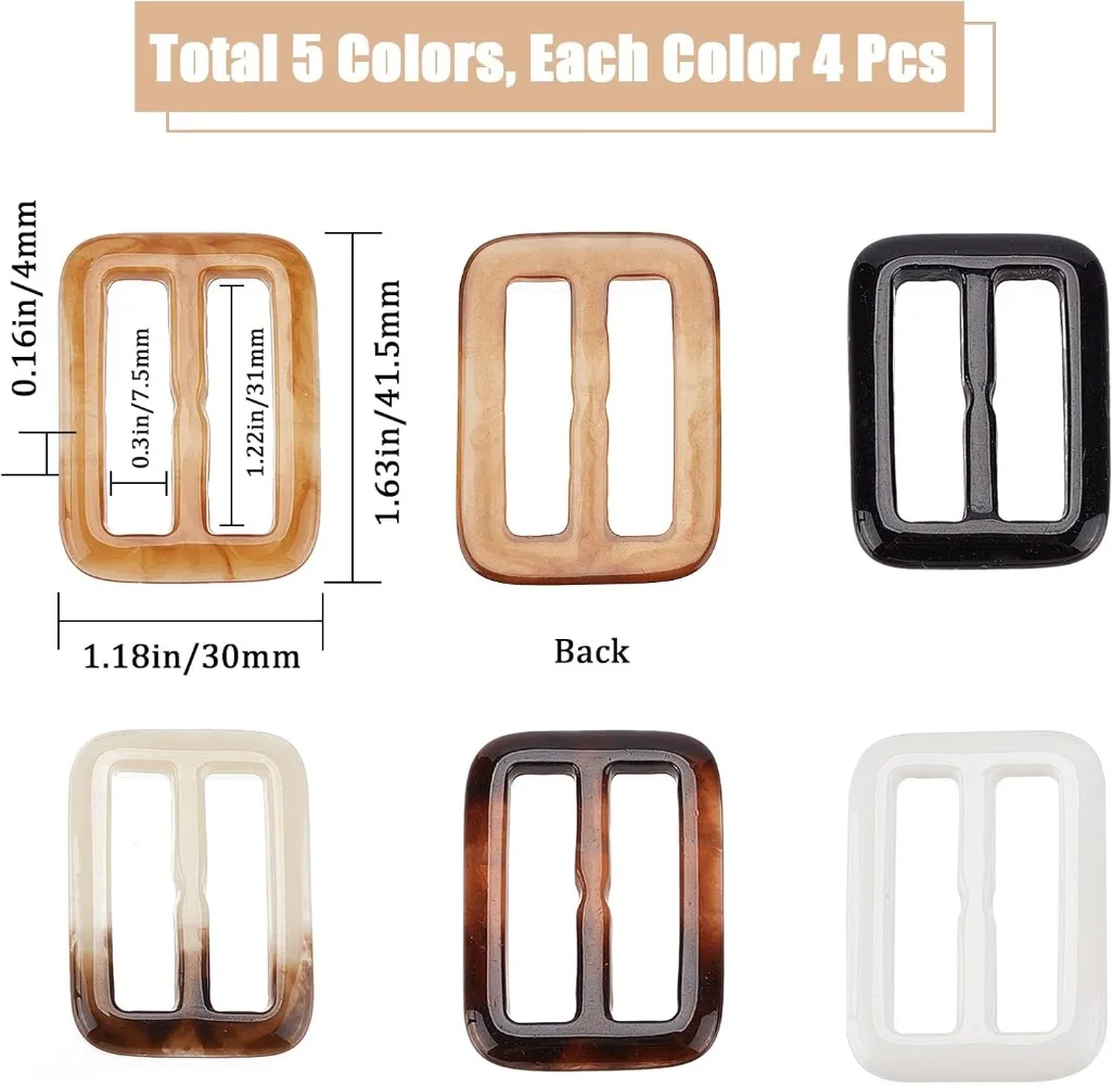 20Pcs 5 Colors Silk Scarf Ring Clip Resin Belt Buckle T-Shirt Tie Clips Rectangle Clothes Fasten Holder for Webbing Strapping