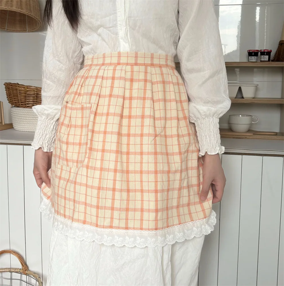 Plaid Lace Edge Half Body Apron for Women's Fresh Home Baking Apron Coffee Shop Flower Shop Anti Fouling Work Clothes