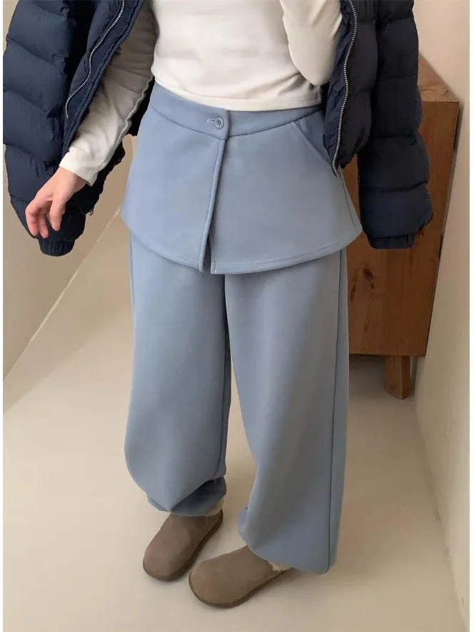 Pantalones de pierna ancha informales con forro de Fce para mujer, conjunto de dos piezas holgado y adelgazante de invierno, pantalones de corte recto versátiles