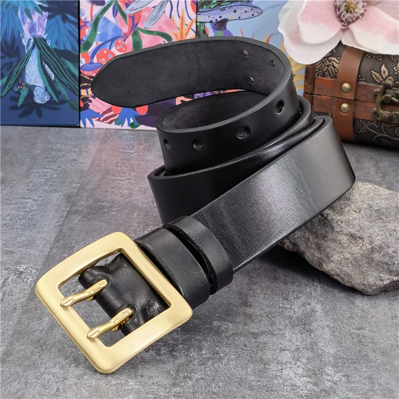 Ceinture de Luxe en Cuir group pour Homme, Accessoire de Haute Qualité, Rétro, en Laiton Massif, à Double Broche, 38mm, MBT0015