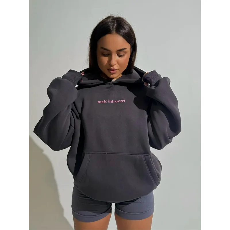 Felpa con cappuccio calda personalizzata da donna con stampa retrò americana semplice autunno inverno retrò più ispessimento in velluto nuovo stile