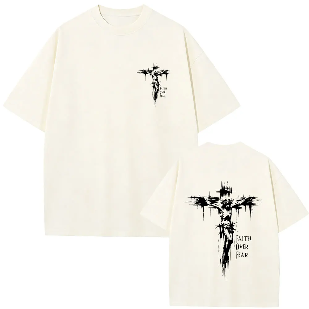 Christian Religious Jesus Faith Over Fear Bible Verse T-shirt Men Women Hip Hop Rock Oversized Streetwear Male Vintage Tshirt
