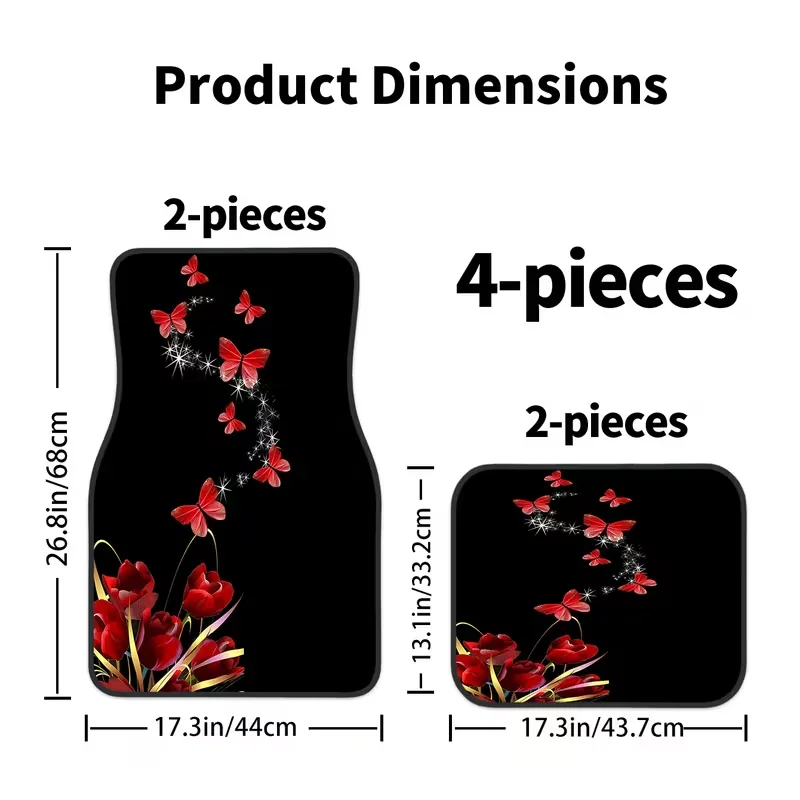 4-Piece Set of Red Butterfly and Red Rose Print Car Floor Mats, Front and Rear Carpets, Stylish Car Interior Protection for Cars, Trucks, and Suvs, High-Quality Polyester Fiber Mats for All Seasons, Perfect Gift