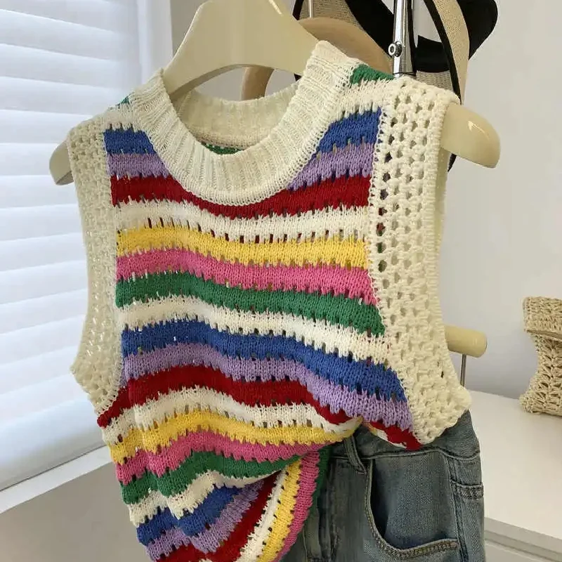 Rainbow Stripes Vest for Women 2024 Ropa Mujer Hollow Out Sleeve Jumper Sleeveless Casual Tanks Tops Knitted Thin Waistcoat