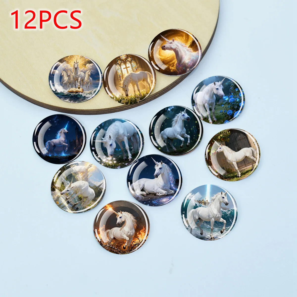 12PCS Fantasy Unicorn Myth Pattern Round Flat Back Glass Cabochons DIY Beads for Necklace Earring Jewelry Making Findings