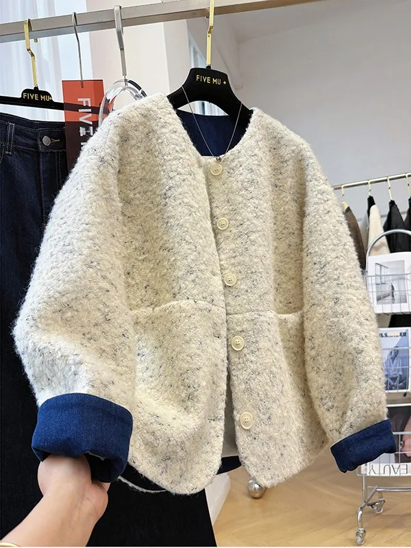 Korean Style Thick Tweed round Neck Short Coat Women's Autumn Winter Unique Beautiful Woolen Jacket Warm Loose Fit Straight Hem