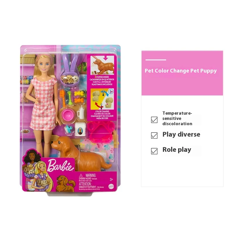 

Authentic Barbie Surprise Color-Changing Pet Dog Set Cat Entertaining Role-Playing Dollhouse Toys For Girls Collectible Figures
