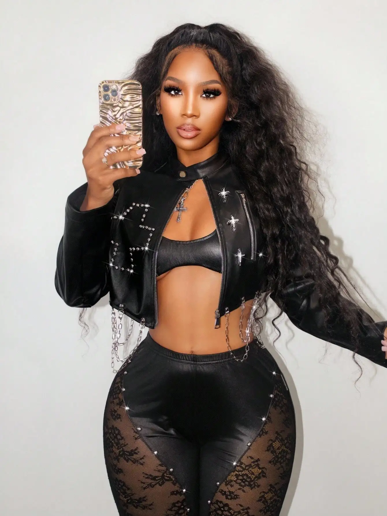 

Сексуальная готическая куртка из искусственной кожи с кристаллическими крестами и цепями для вечеринки в честь Хэллоуина