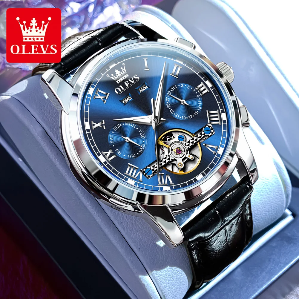 OLEVS 6607 Roman Scale Classic Mechanical Watch For Men Original Hollow Waterproof Wristwatch Week Date Display Automatic  Watch