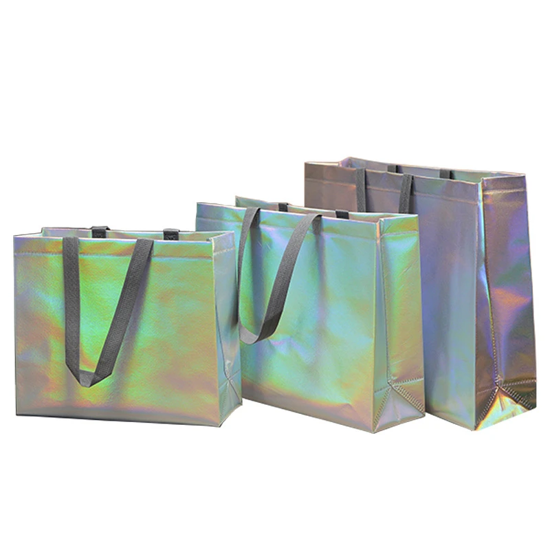 StoBag 10pcs Laser Non-woven Shopping Tote Shoulder Bag Sliver Eco Large Reusable Gift Storage Pouches Custom Logo(Extra Fee)