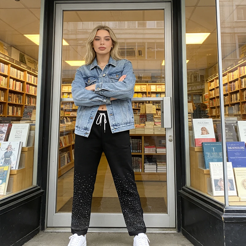 กางเกงลำลองแฟชั่นอเนกประสงค์สีดำไล่เฉดประดับเพชรเทียมเอวยางยืดรูดเชือก สไตล์เท่ๆ สำหรับฤดูใบไม้ร่วงและฤดูหนาว