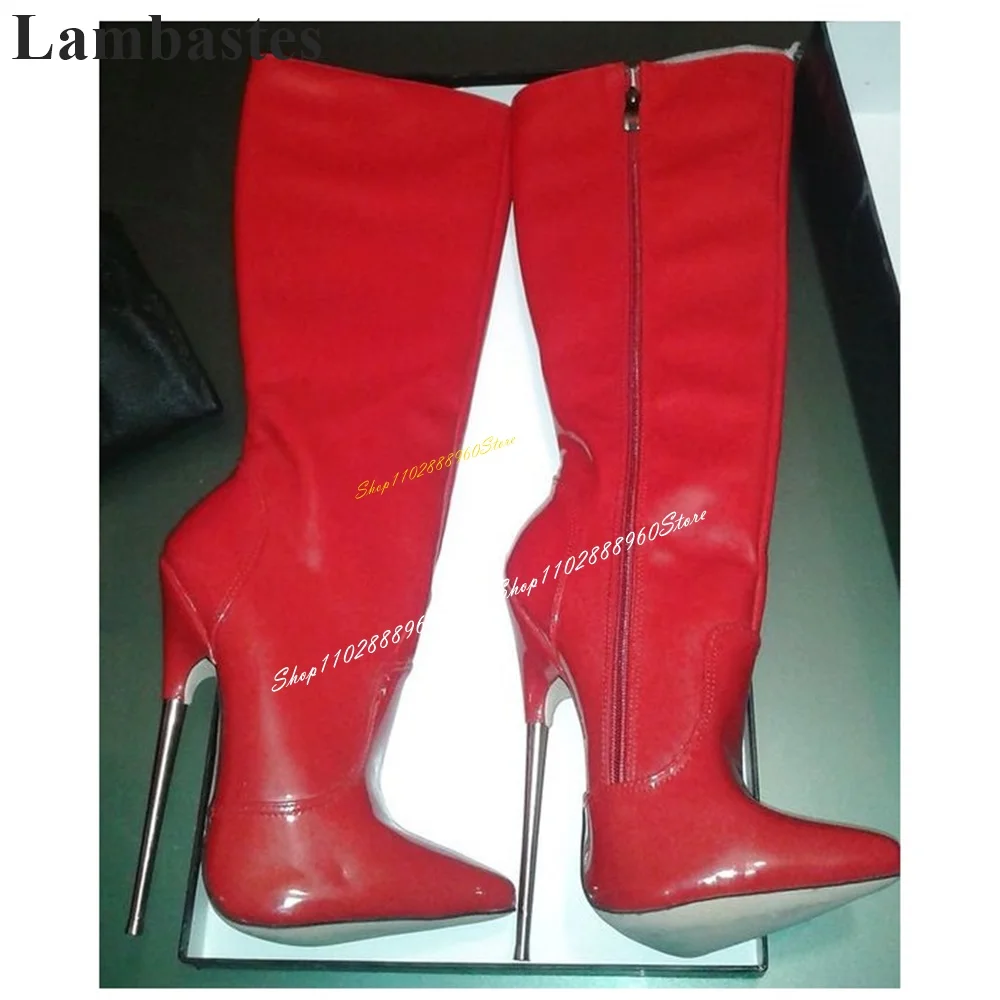 Knee High Red Metal Heel Patent Leather Boots Thin High Heel Women Shoes Side Zipper Pointed Toe 2024 Fashion Zapatillas Mujer