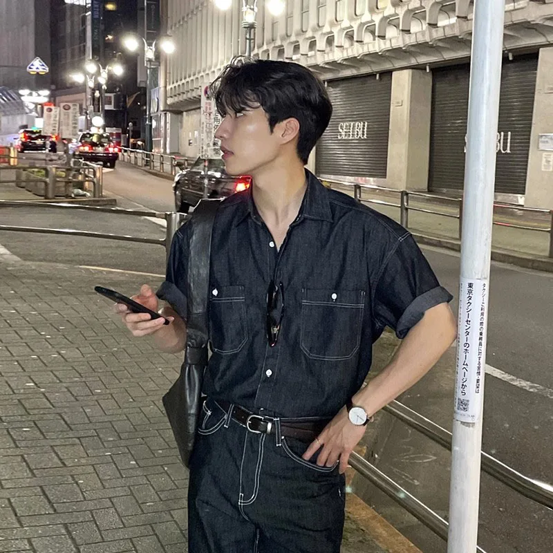 Bla ort Sve Denim irt Vintage Waed Loose Fit Summer New Sle for Men Korean Sle Pointed Collar Button Detail