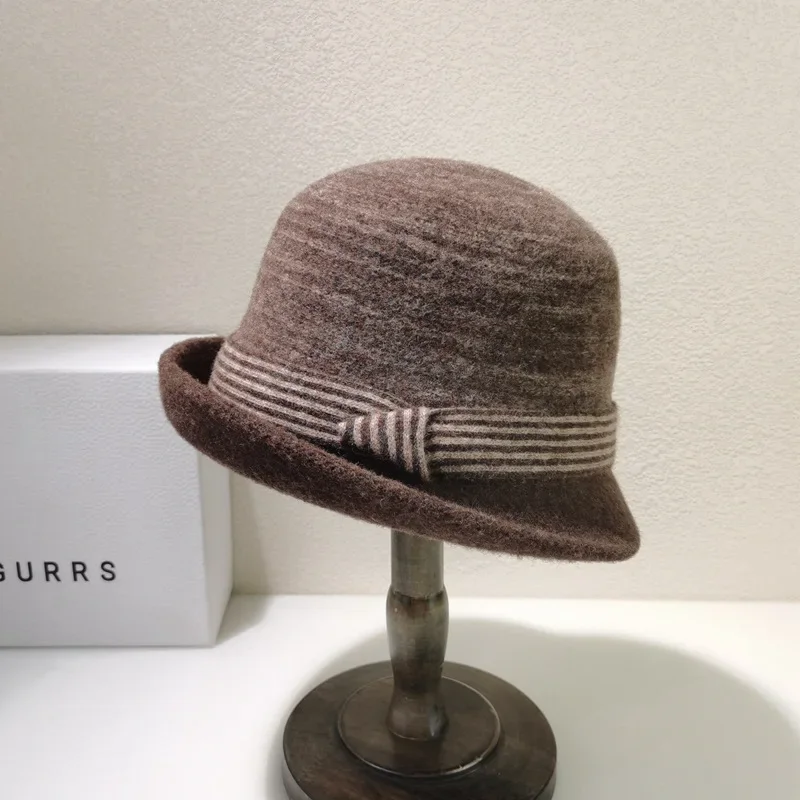 Autumn Winter Japanese Curled Knitted 100 Percent Wool Yarn Contrast Striped Women Retro Casual Warm Bowl Hat Fisherman