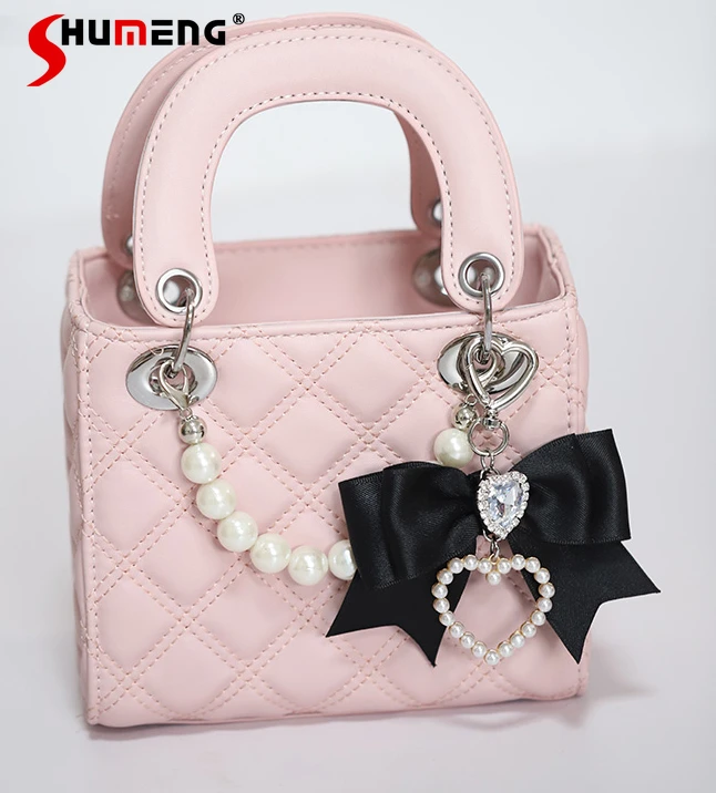 Japanese Girl Cute Handmade Pink Shoulder Bag 2023 Fall New Mine Mass-Produced Sweet Cool Bow Love Rhinestones Handbag for Women