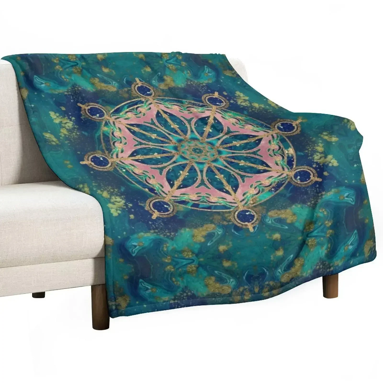 New Dharma Wheel - Dharmachakra Gemstone & Gold Throw Blanket Custom halloween Blankets