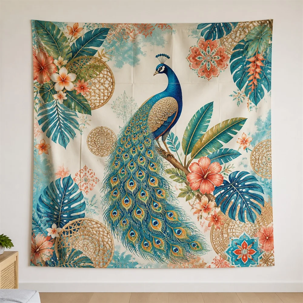 VIKAMA Peacock Plume Clustered Groups Tapestry Wall Hanging, Tropical Wall Decor Tapestries for Living Room Bedroom Kids Room