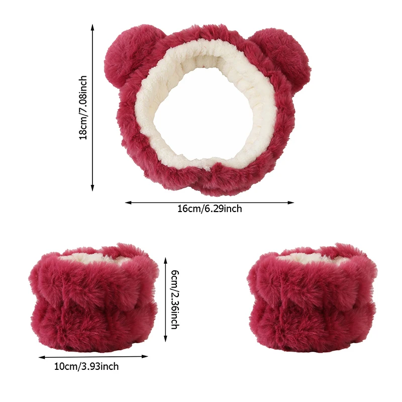 3Pcs Strawberry Bear Plush Hairband Wash Face Headwear Accessories for Girls Gifts Headband Wristband Kits