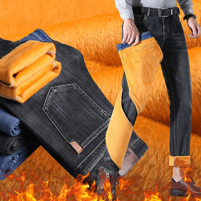 2026 Mens Winter High-quality Famous Brand Fleece Pants Straight Trousers Denim Jean Winter Thermal Warm Flannel Stretch Jeans
