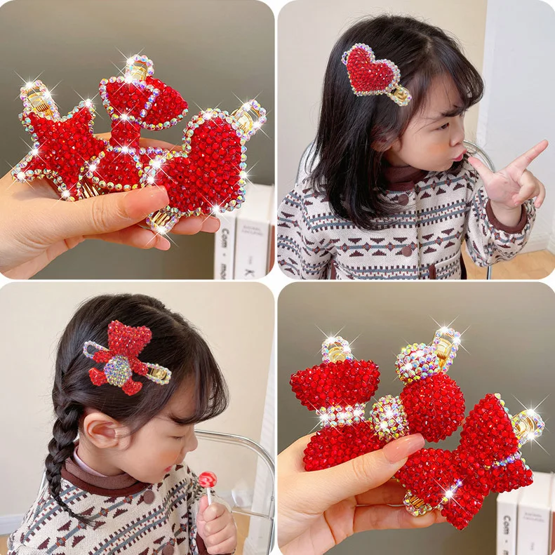 Cute Red Rhinestone Mouse Hair Clip Starfish Bangs Side Clip for Girls New Year Gift Children Fashion Jewelry