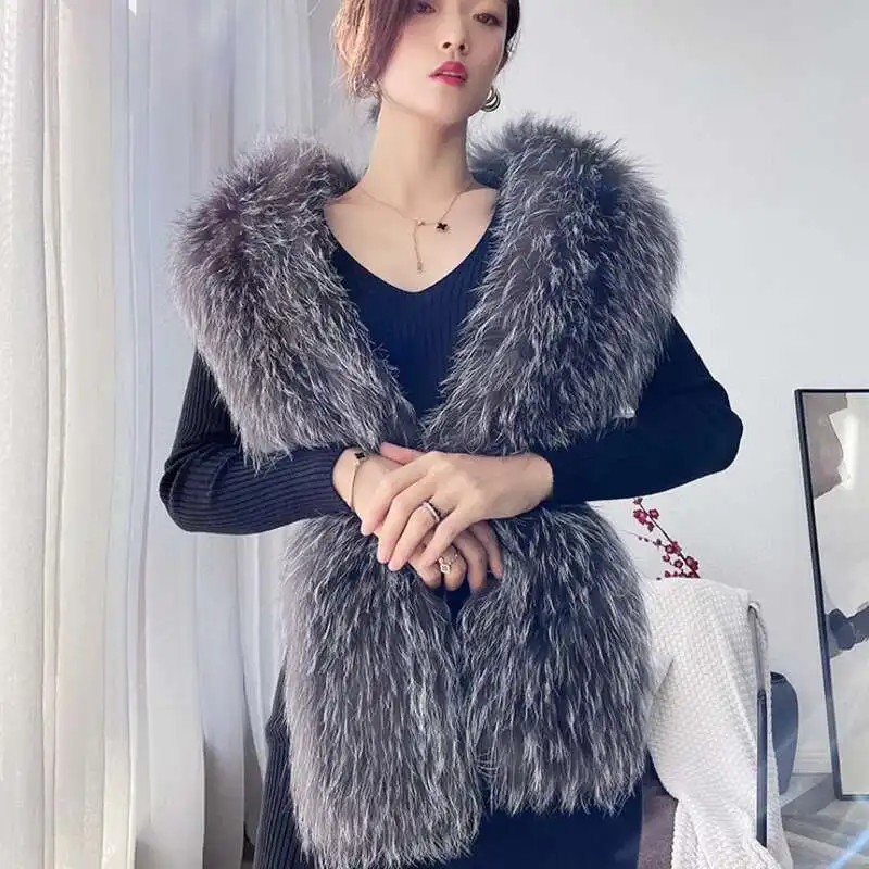 2026 Real Luxury Fox Fur Scarf Shawls Women Winter Knitted Fur Scarves Thicked Silver Fox Fur Shawl Fluffy Real Fur Muffler